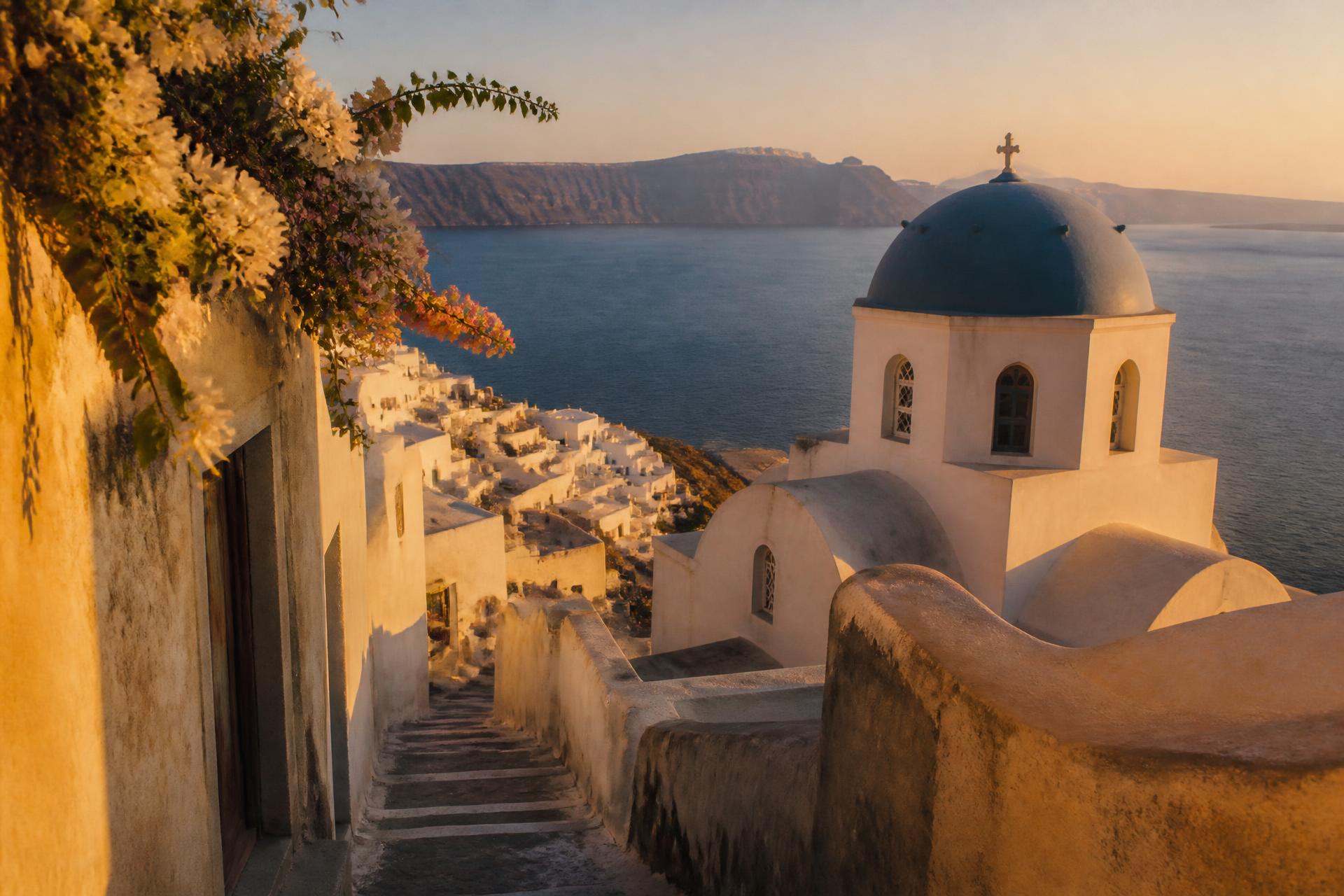 Village blanc des Cyclades surplombant la mer Égée au coucher du soleil
