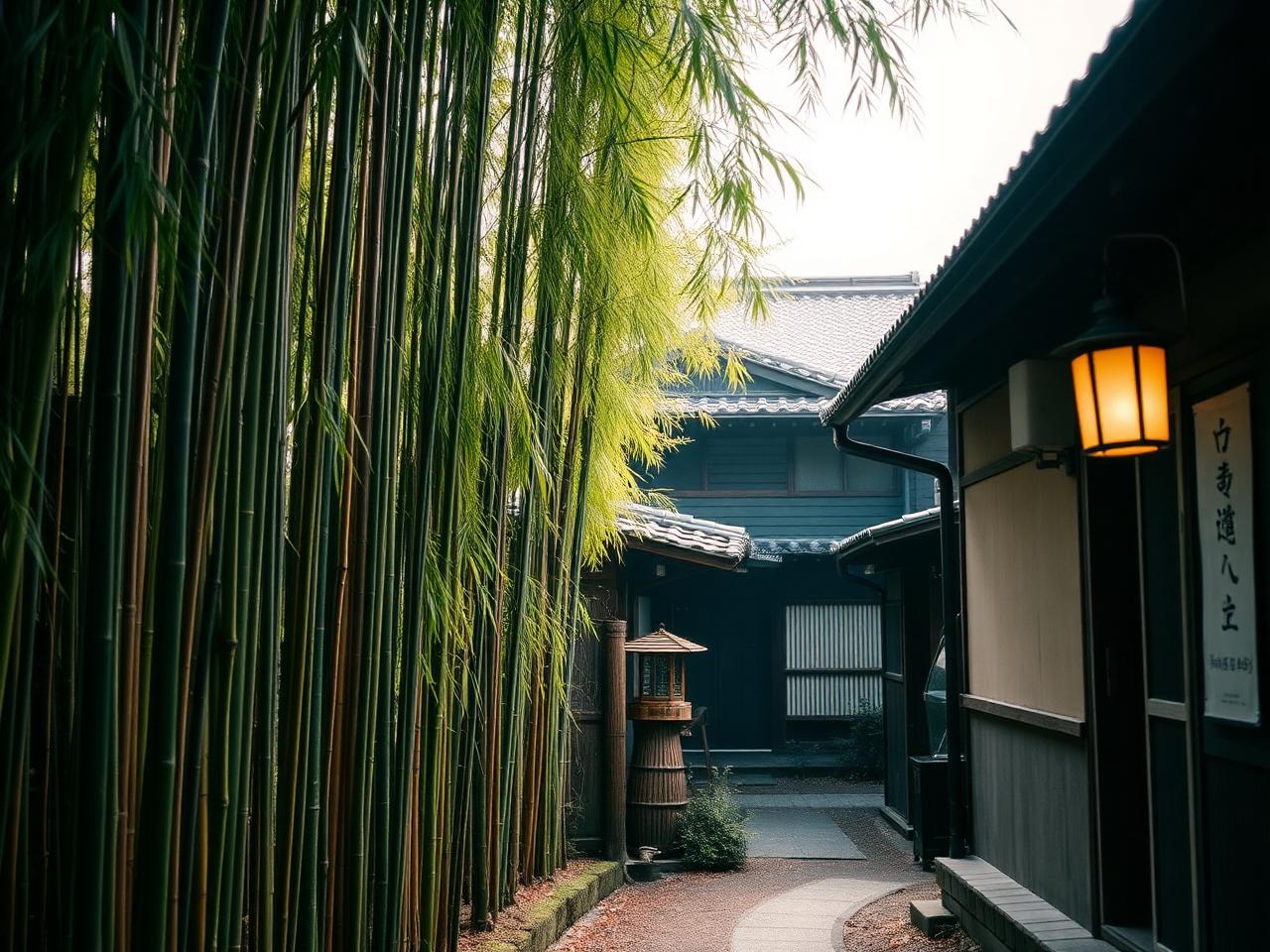 Ruelle bordée de bambous et maisons traditionnelles à Kyoto