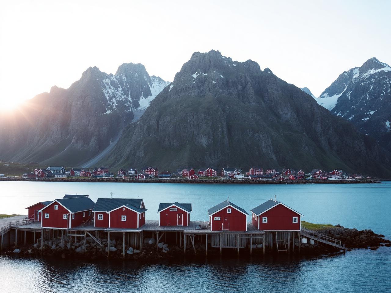 Cabanes de pêcheurs rouges devant les montagnes escarpées des Lofoten