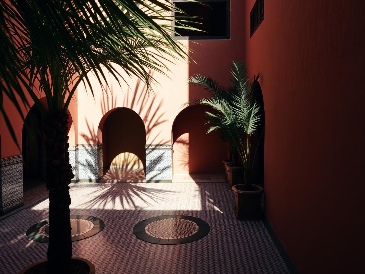 Patio de riad marrakchi aux murs corail et zelliges