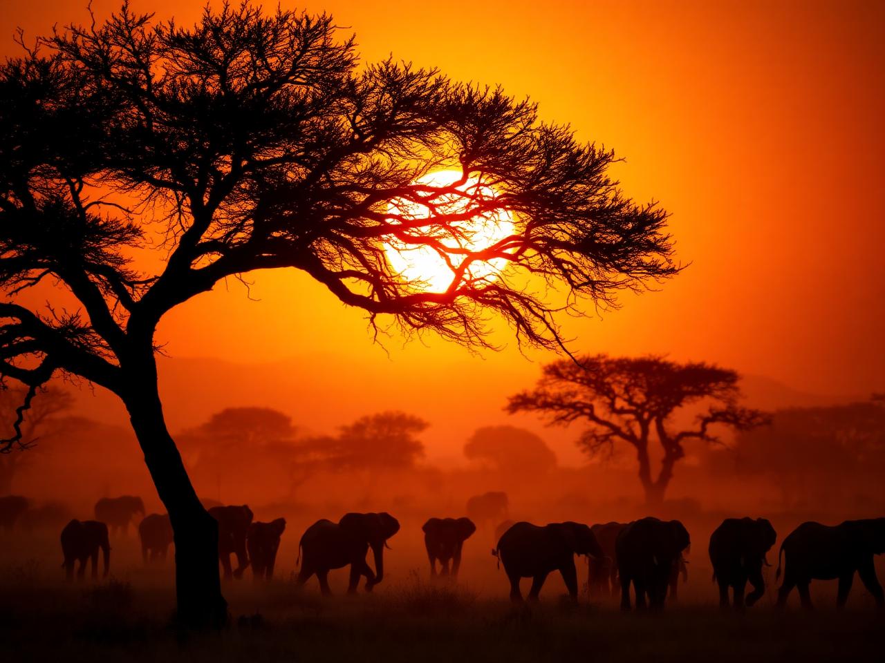 Éléphants au lever du soleil dans la savane de Tanzanie