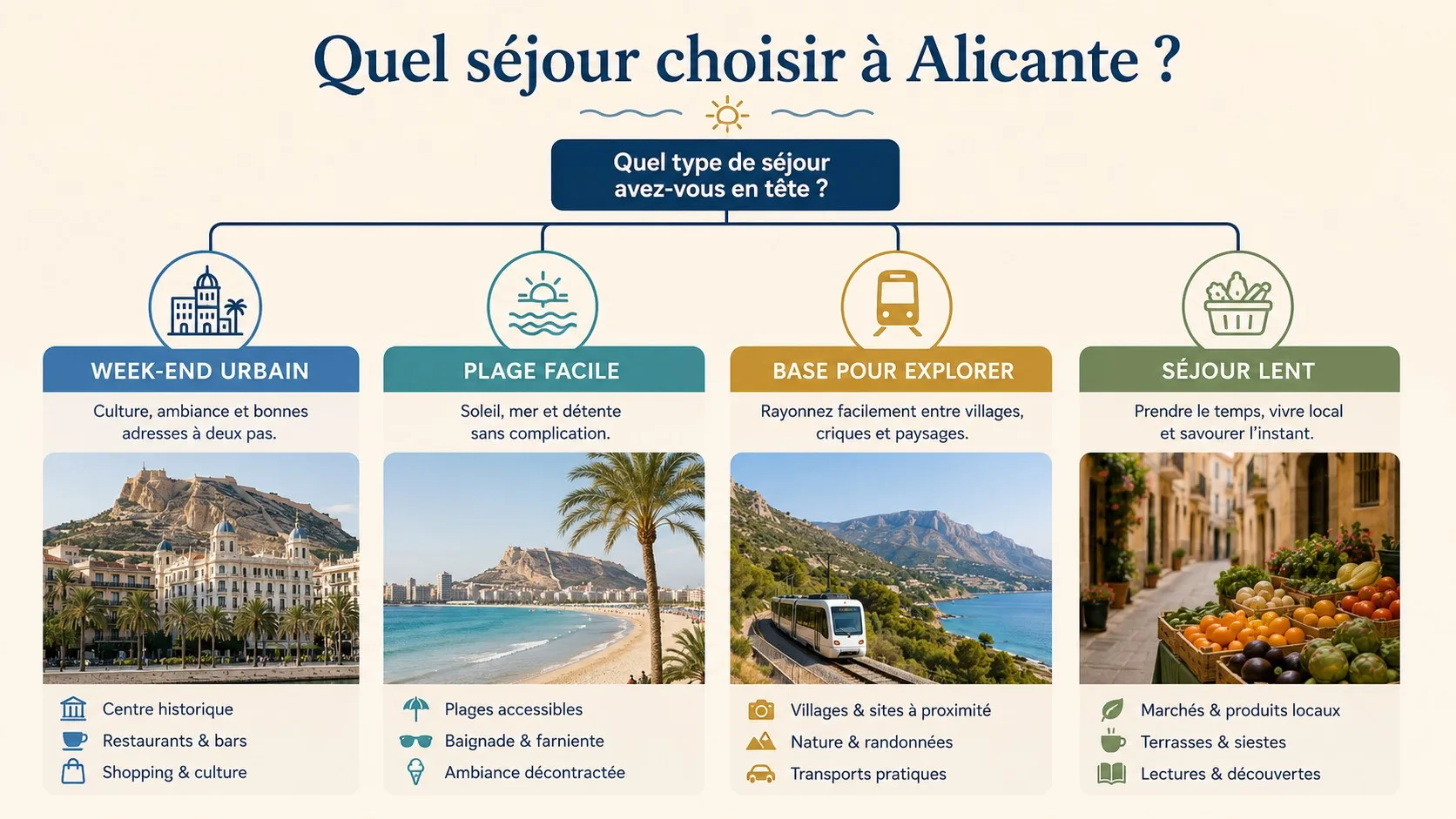 Infographie pour choisir entre week-end urbain, plage, exploration et séjour lent à Alicante