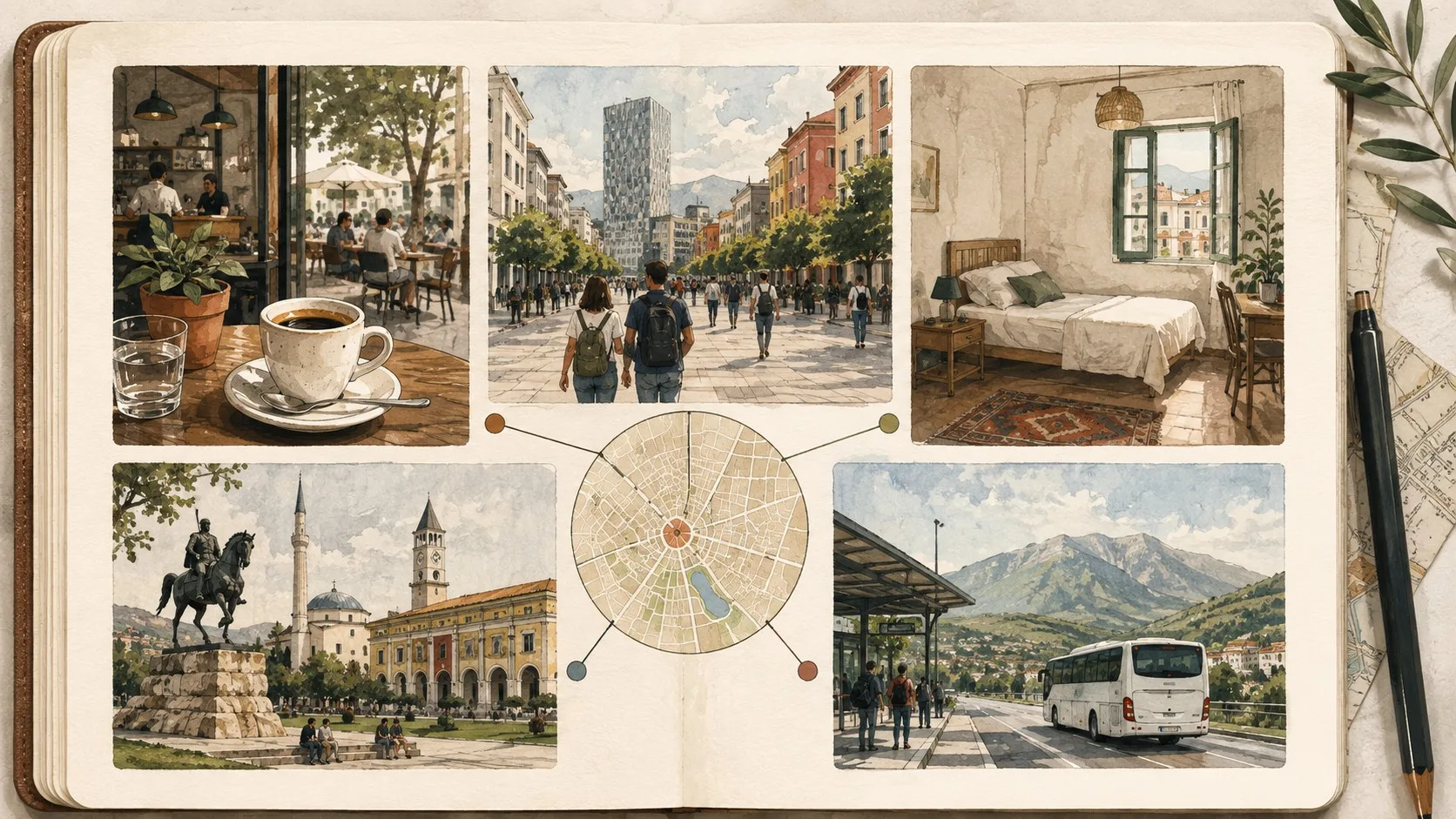 Illustration de carnet de voyage pour organiser un séjour à Tirana par rythme et intentions.