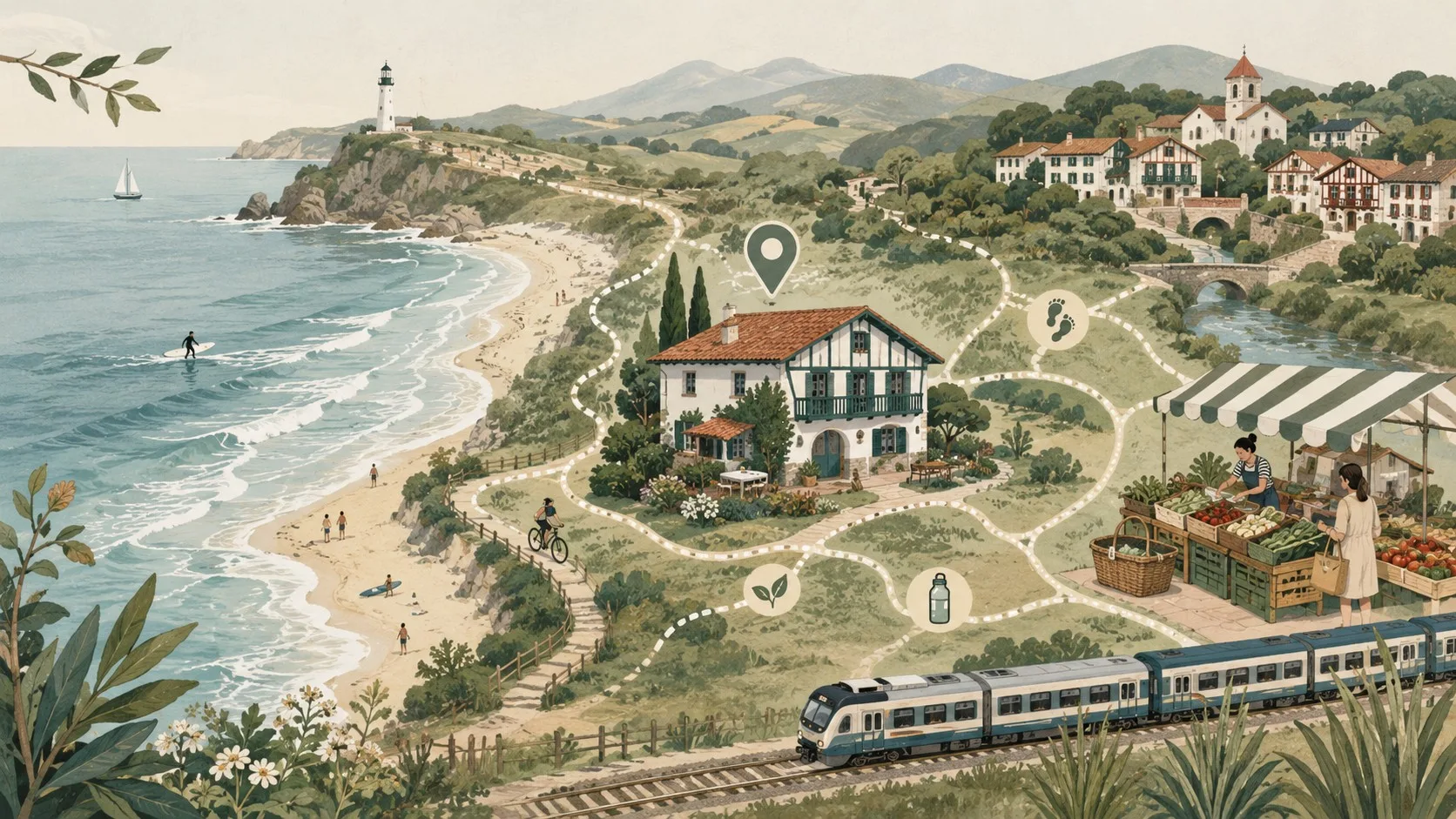 Illustration d’un séjour responsable sur la côte basque entre marche, train, plage et marché