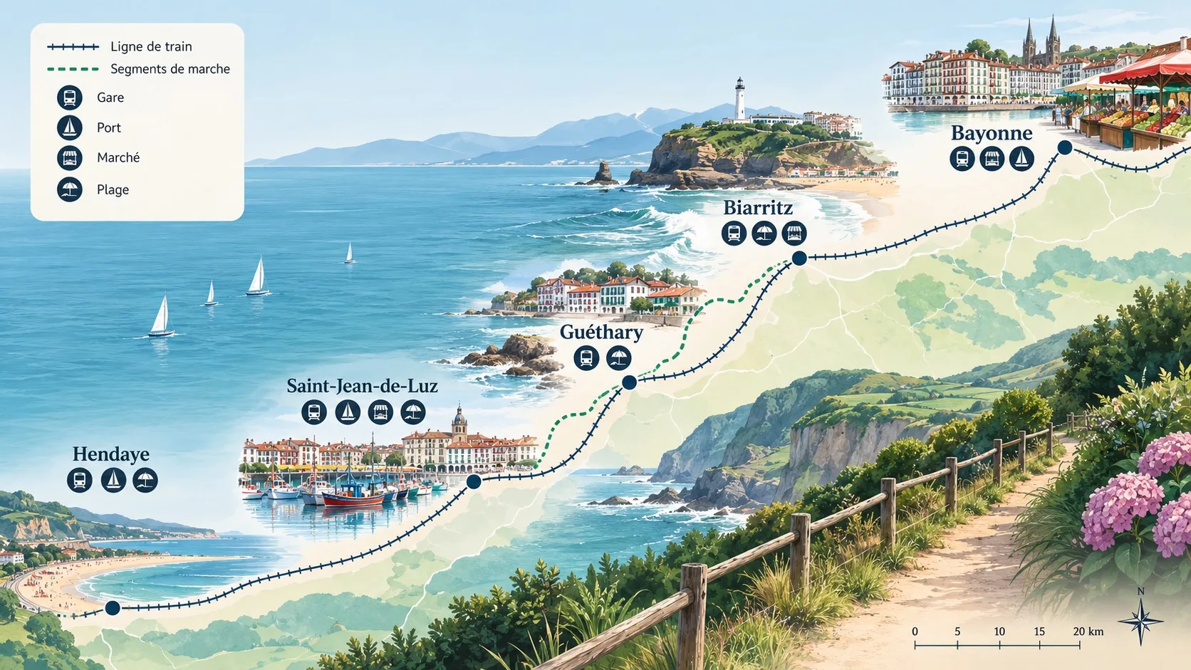 Carte infographique d’un itinéraire sans voiture entre Bayonne et Hendaye