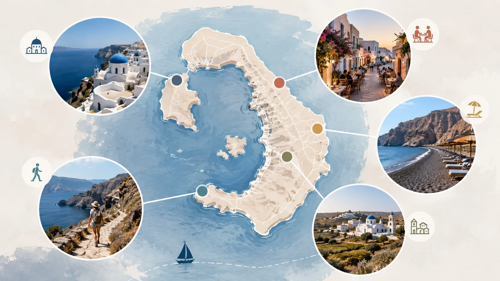 Illustration des différents choix de séjour à Santorin entre caldera, plage et villages
