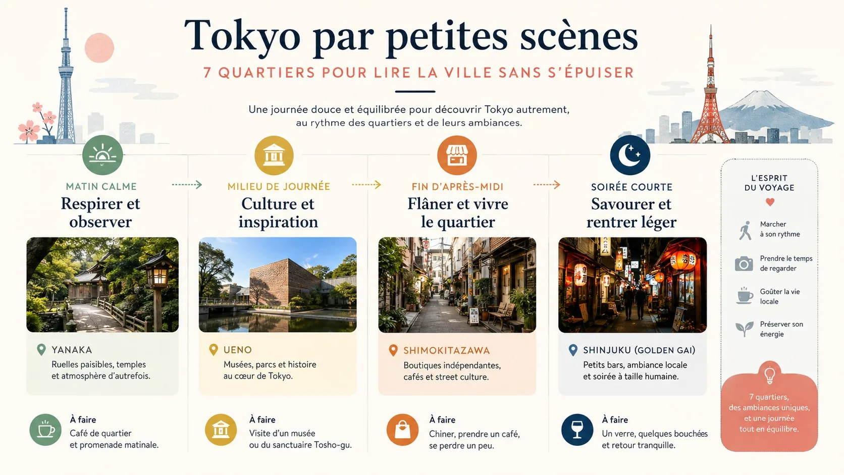 Infographie pour organiser une journée à Tokyo par moments et ambiances