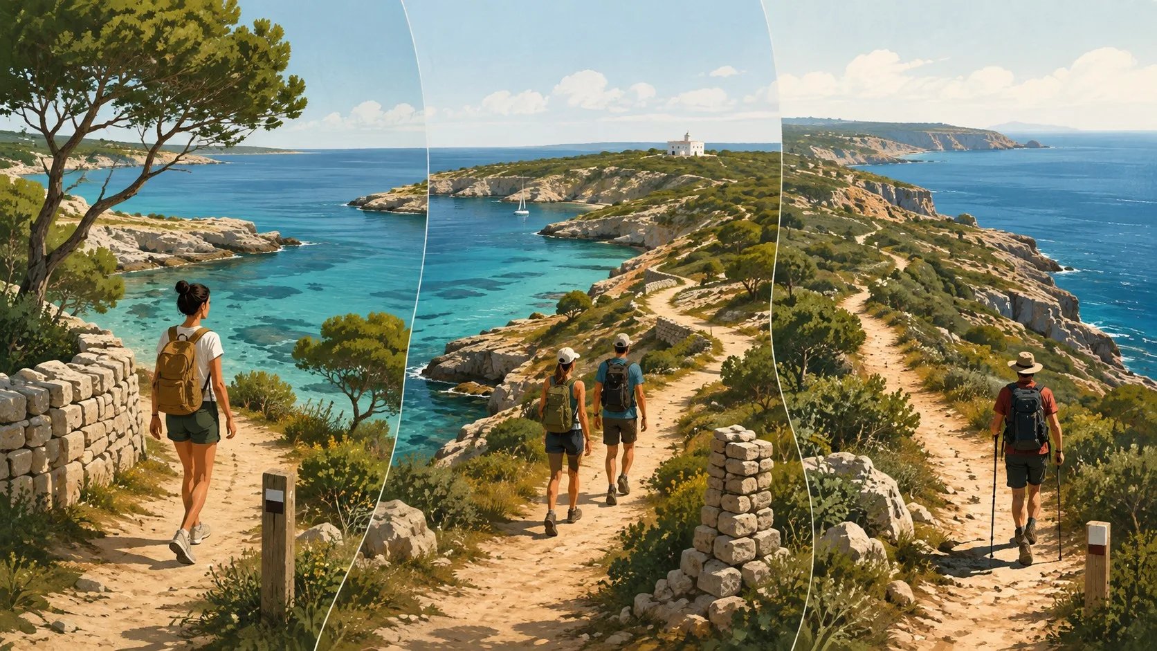 Illustration de trois formats de marche sur le Camí de Cavalls à Minorque