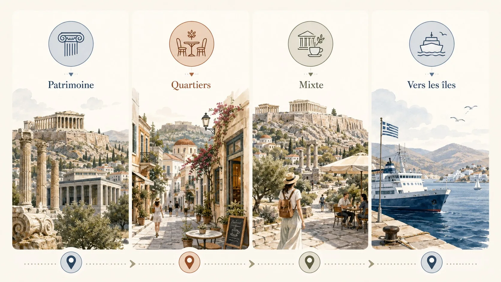 Infographie comparant quatre rythmes possibles pour découvrir Athènes lors d’un premier voyage.