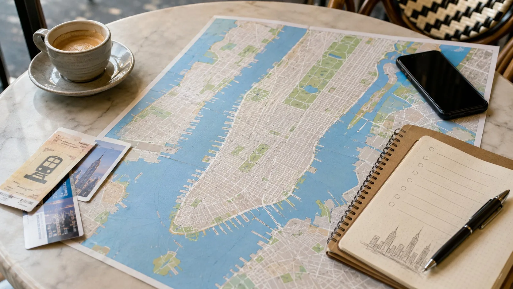 Carte de New York et carnet de voyage pour préparer un itinéraire réaliste.