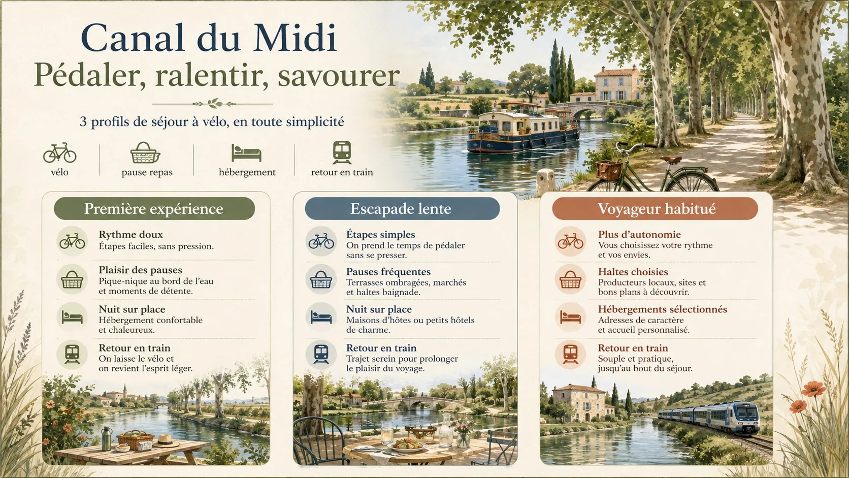Infographie éditoriale pour choisir le rythme d’un séjour lent à vélo sur le Canal du Midi.