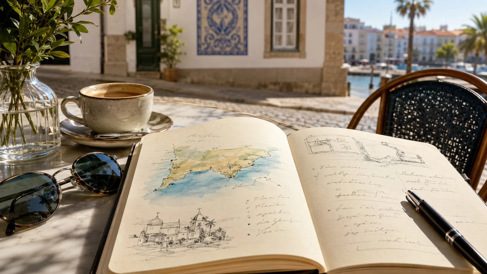 Carnet de voyage à Faro avec carte de l’Algarve et préparation d’un séjour