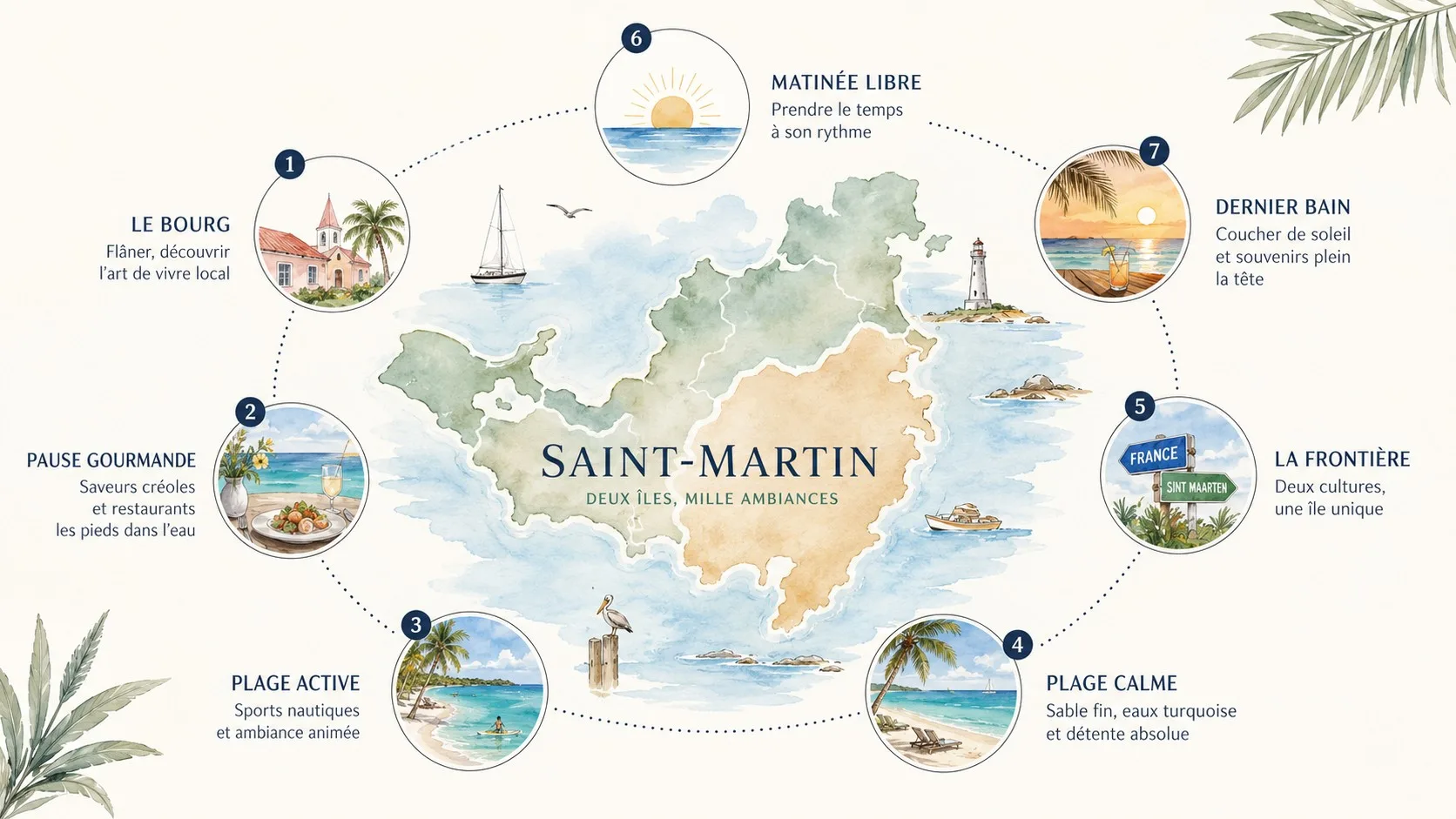 Infographie de sept haltes pour organiser un séjour équilibré à Saint-Martin