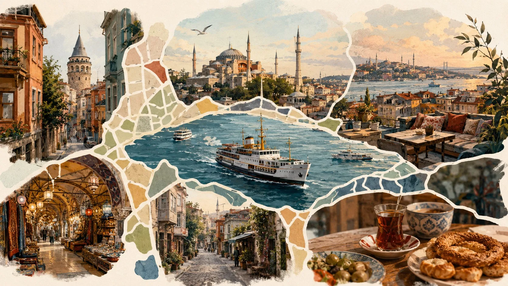 Illustration d'un itinéraire mental à Istanbul reliant quartiers, ferry et pauses gourmandes.