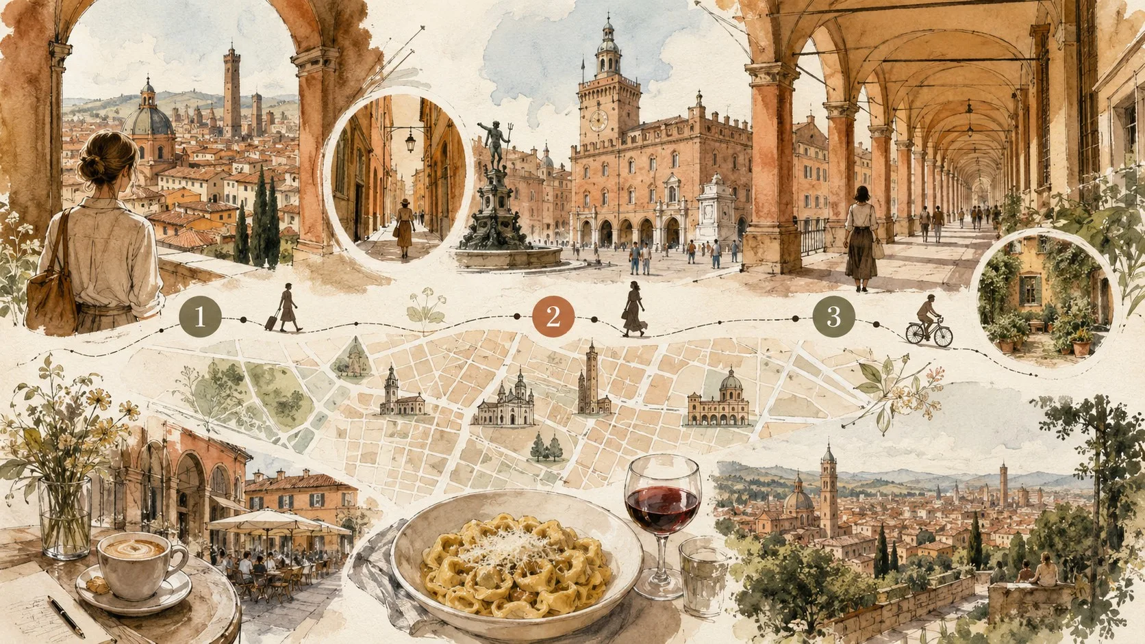 Illustration d’un itinéraire réaliste de trois jours à Bologne avec étapes souples.