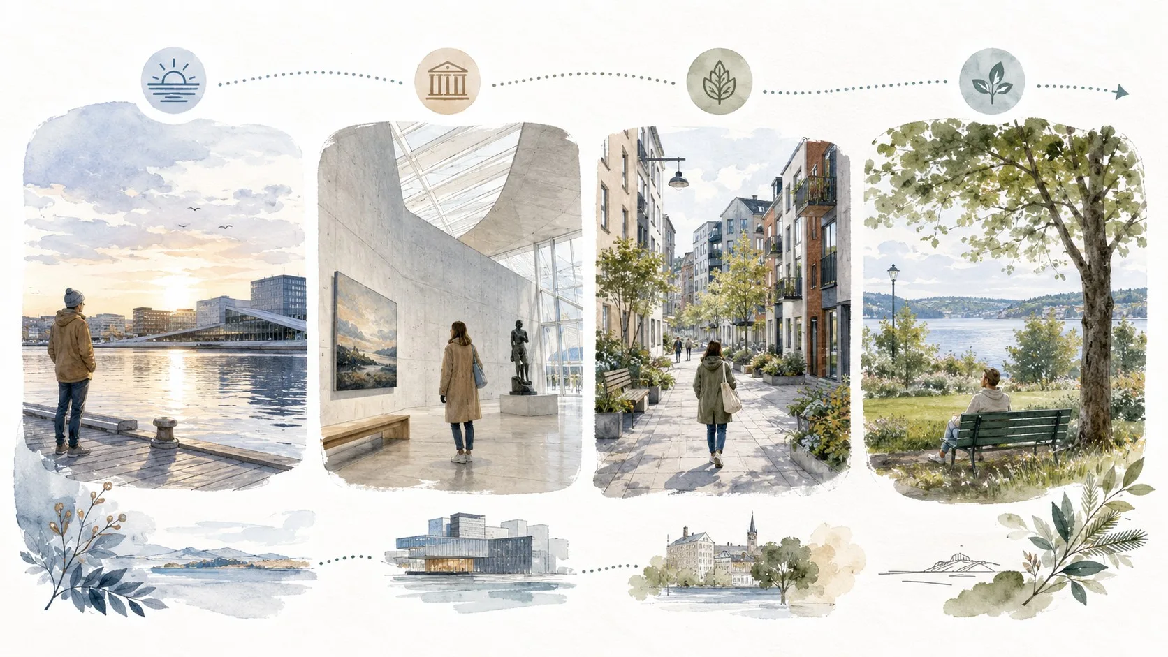 Illustration d’une journée équilibrée à Oslo entre eau, culture, quartier et nature
