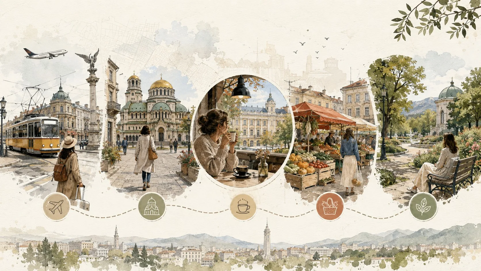 Illustration de carnet de voyage représentant un week-end équilibré à Sofia