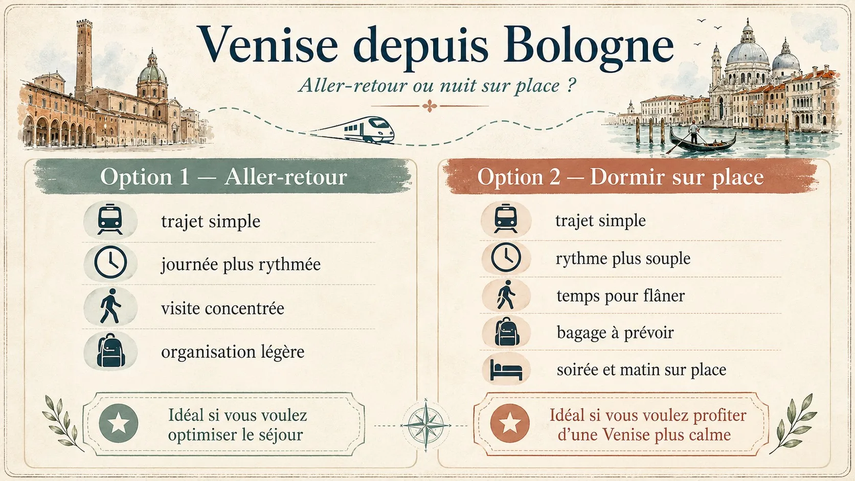 Infographie comparant l’aller-retour depuis Bologne et la nuit sur place pour visiter Venise.