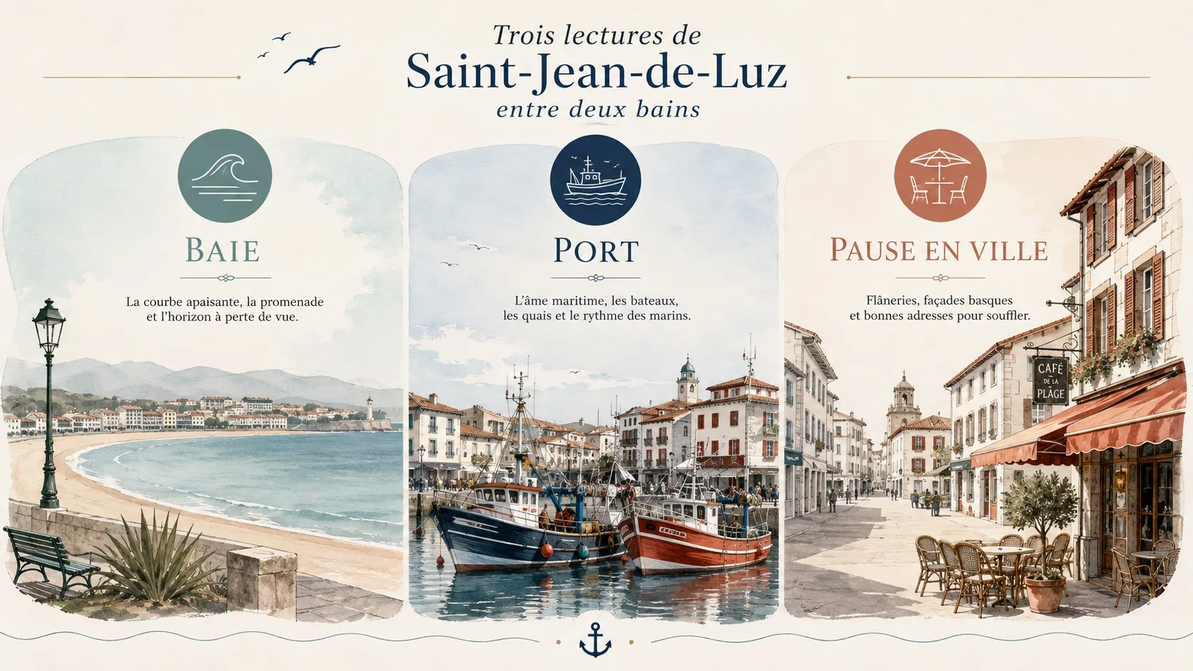 Infographie montrant trois façons de lire Saint-Jean-de-Luz entre la baie, le port et les pauses en ville.