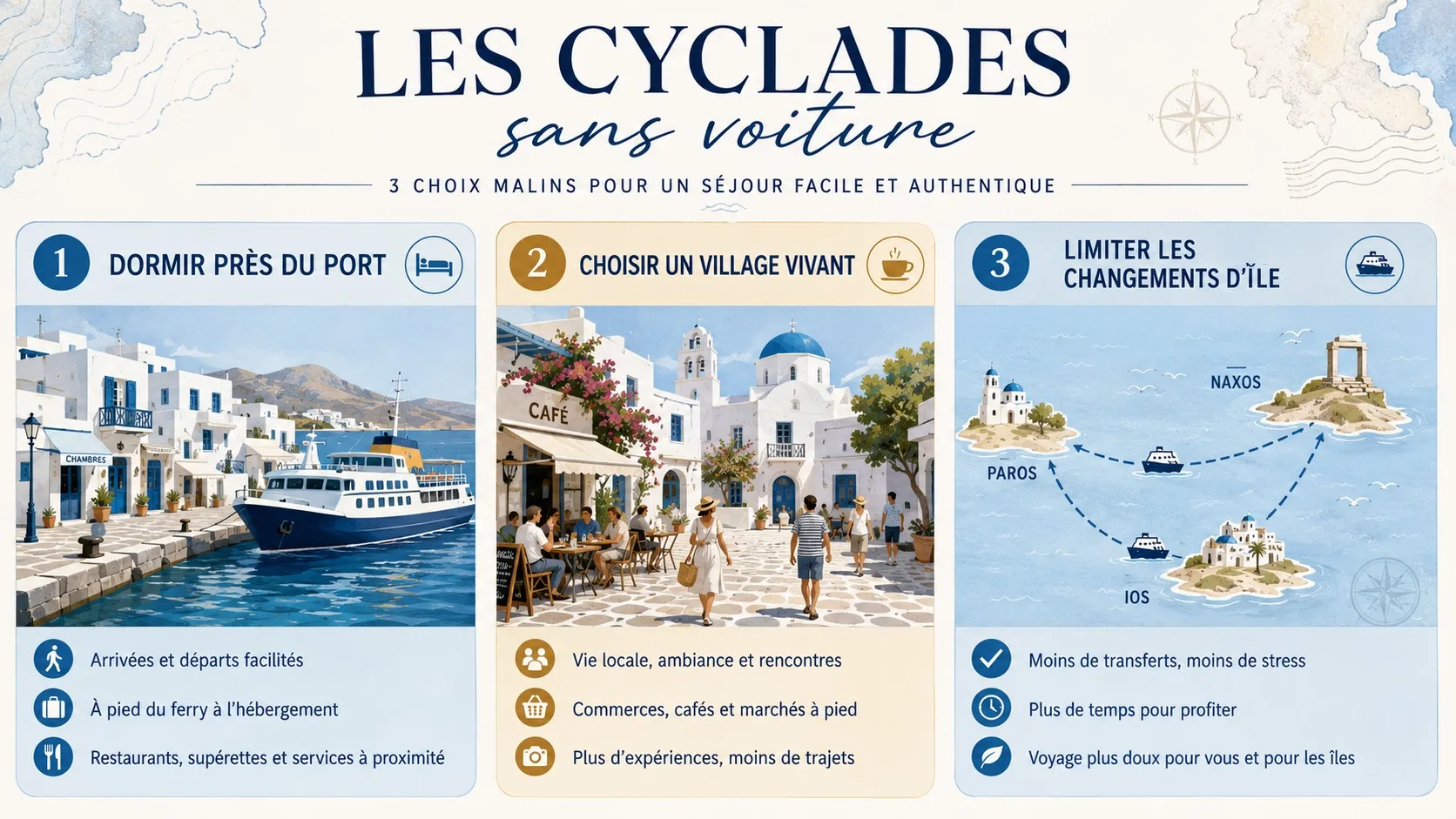 Infographie sur les choix de base pour visiter les Cyclades sans voiture