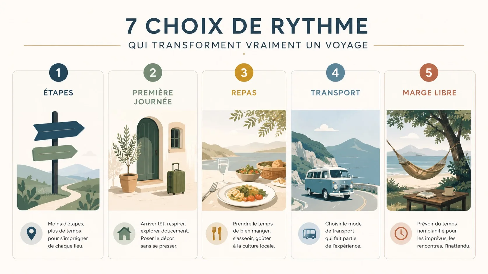 Infographie résumant les cinq questions à se poser pour choisir le bon rythme de voyage.