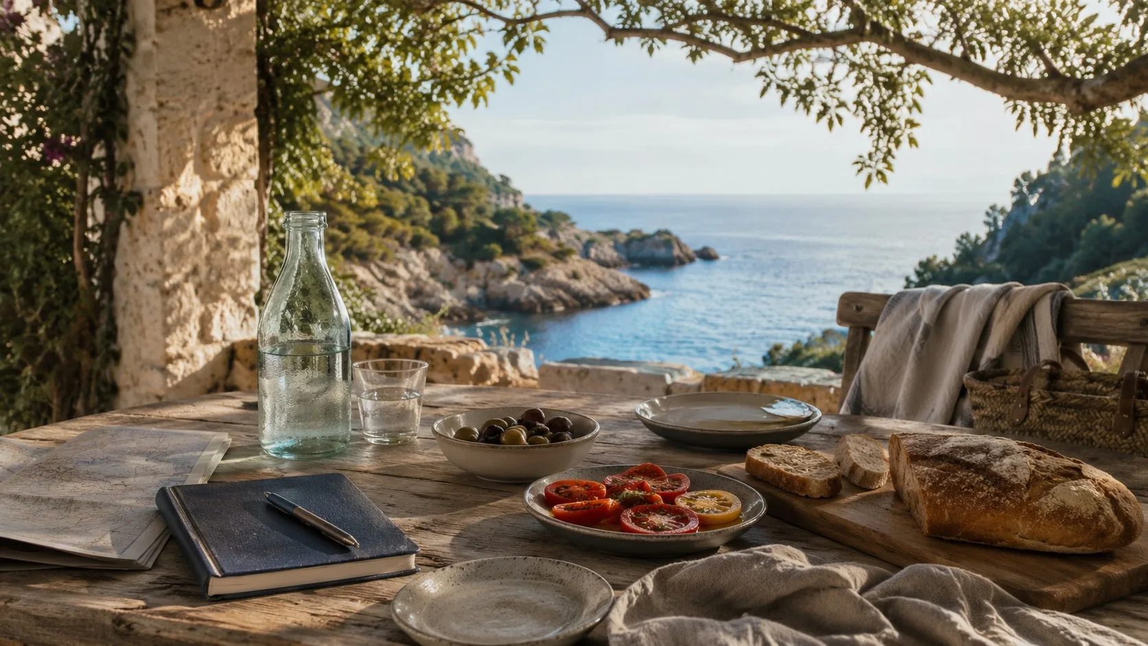 Table simple à Majorque avec repas de voyage lent après une journée de baignade