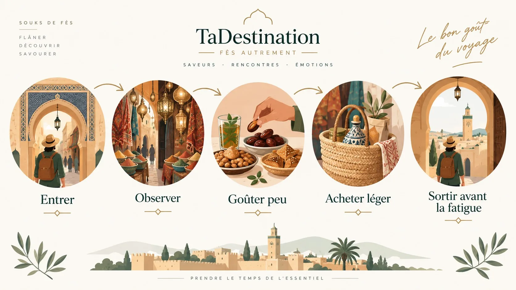 Infographie montrant une boucle gourmande raisonnable pour visiter les souks de Fès
