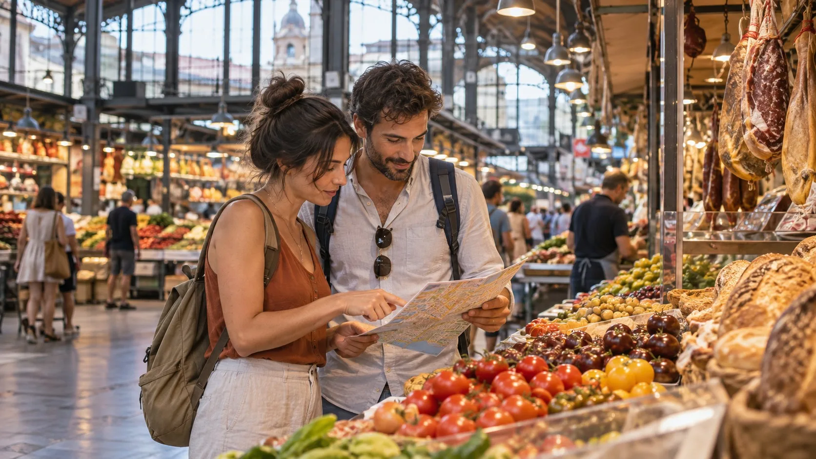 Deux voyageurs choisissent leur pause gourmande dans un marché de Barcelone.