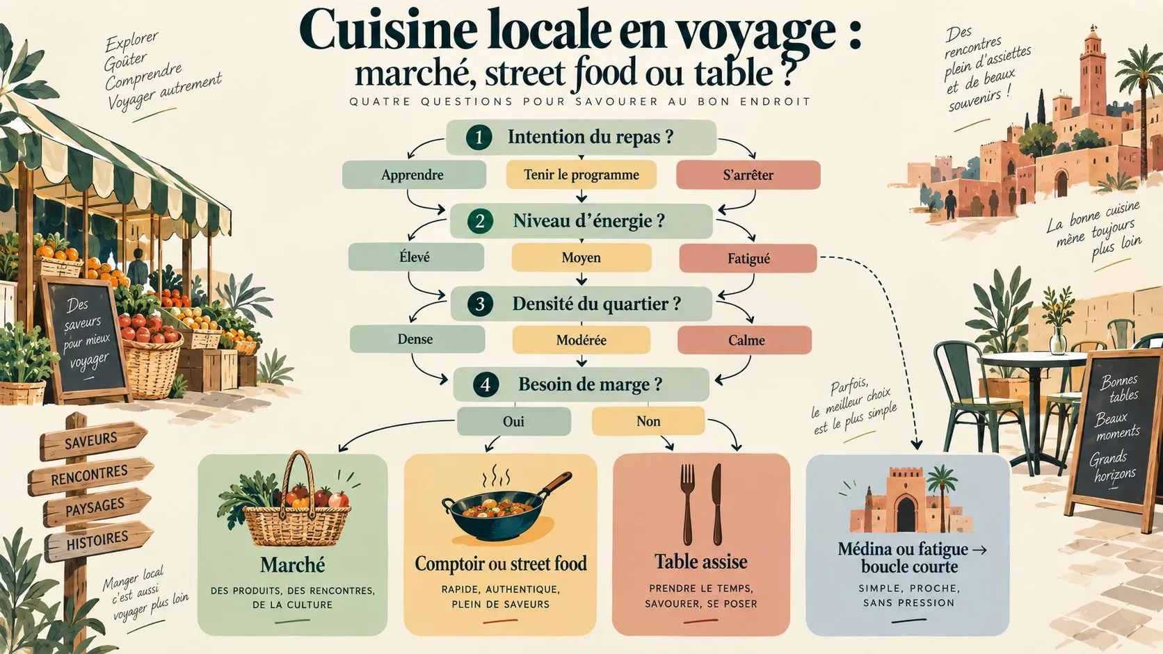 Infographie en arbre de décision pour choisir entre marché, street food et table assise.