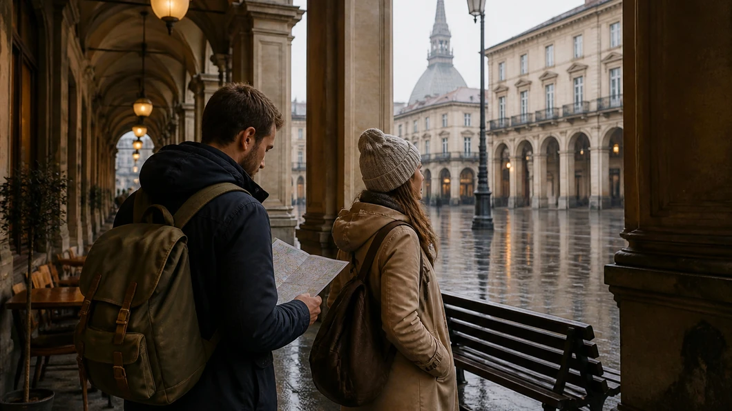 Voyageurs adaptant leur promenade à Turin après une averse sous les arcades
