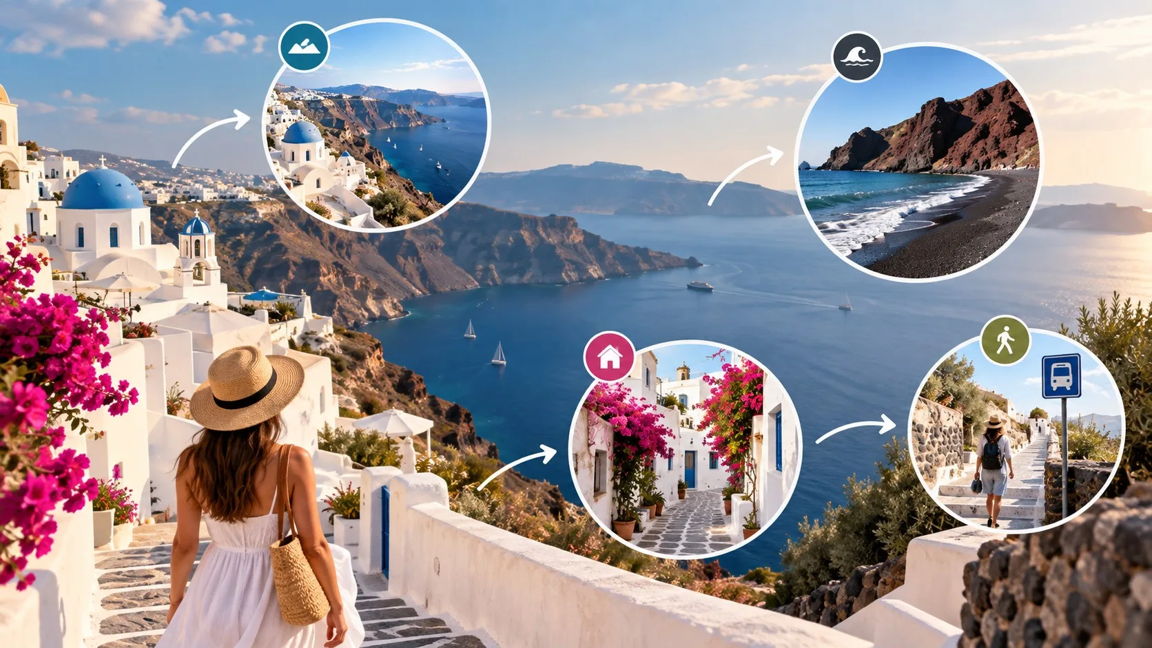 Infographie éditoriale montrant quatre choix pour organiser une escapade courte à Santorin.