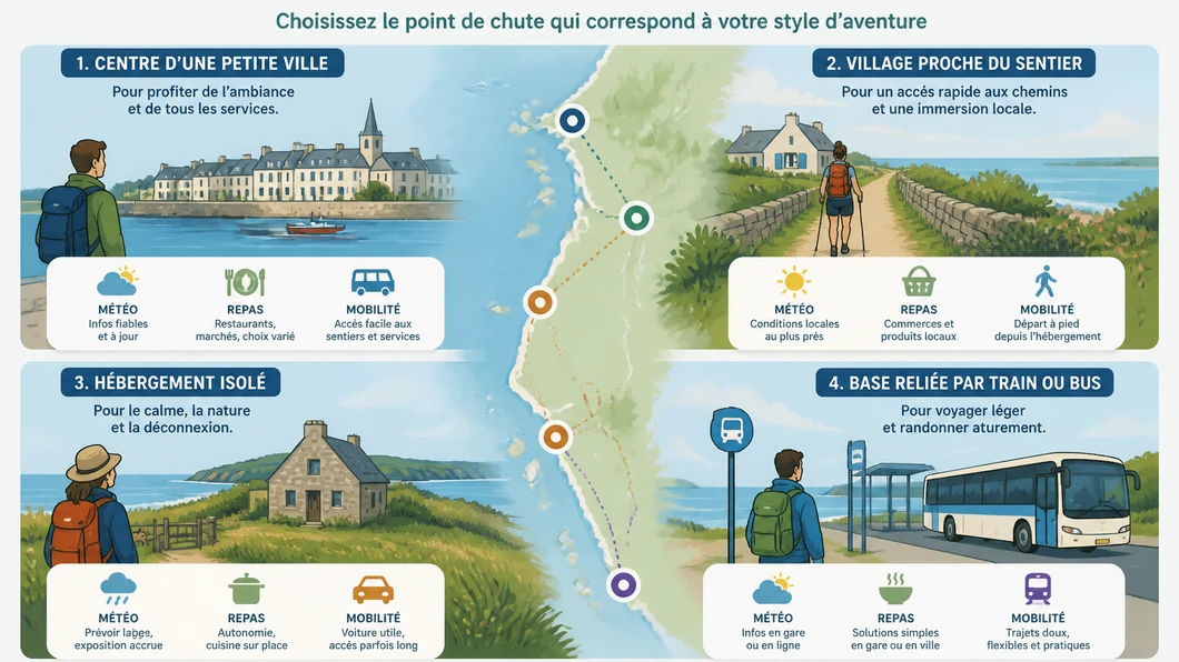 Infographie comparative des quatre types de bases pour dormir près d’un itinéraire de randonnée