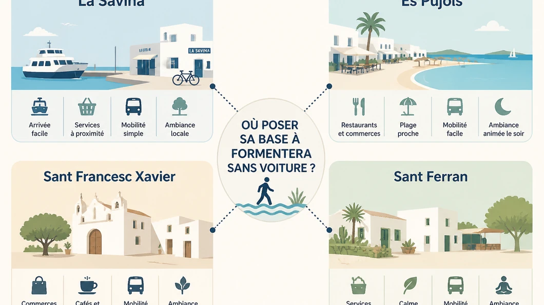 Infographie comparant quatre bases de séjour à Formentera sans voiture