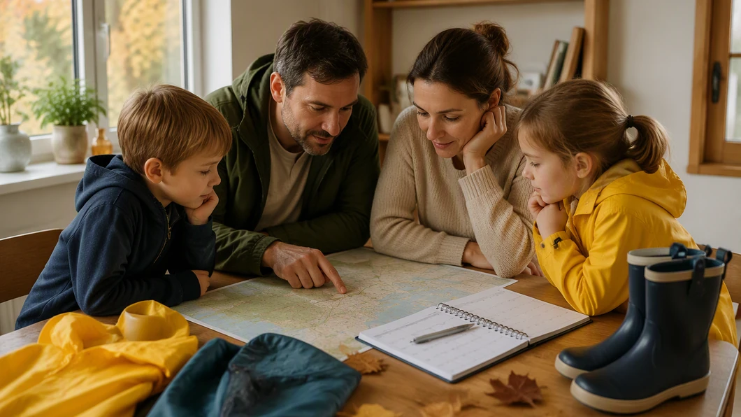 Famille préparant une sortie d’automne avec une alternative en cas de pluie