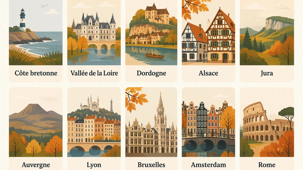 Infographie comparant dix idées de destinations en octobre pour un séjour en famille.
