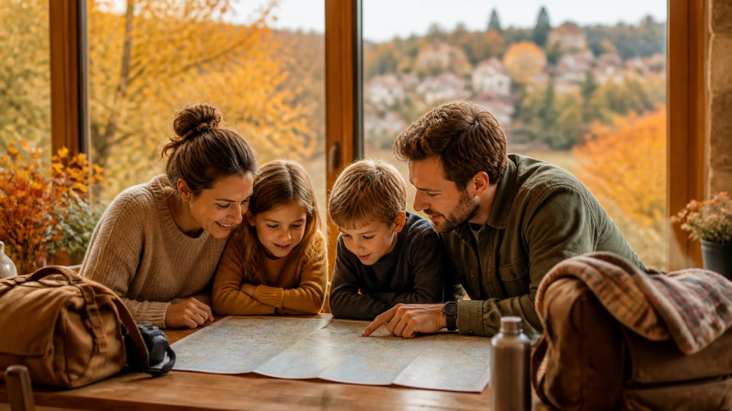Famille adaptant sa journée d’automne après une promenade sous un ciel gris