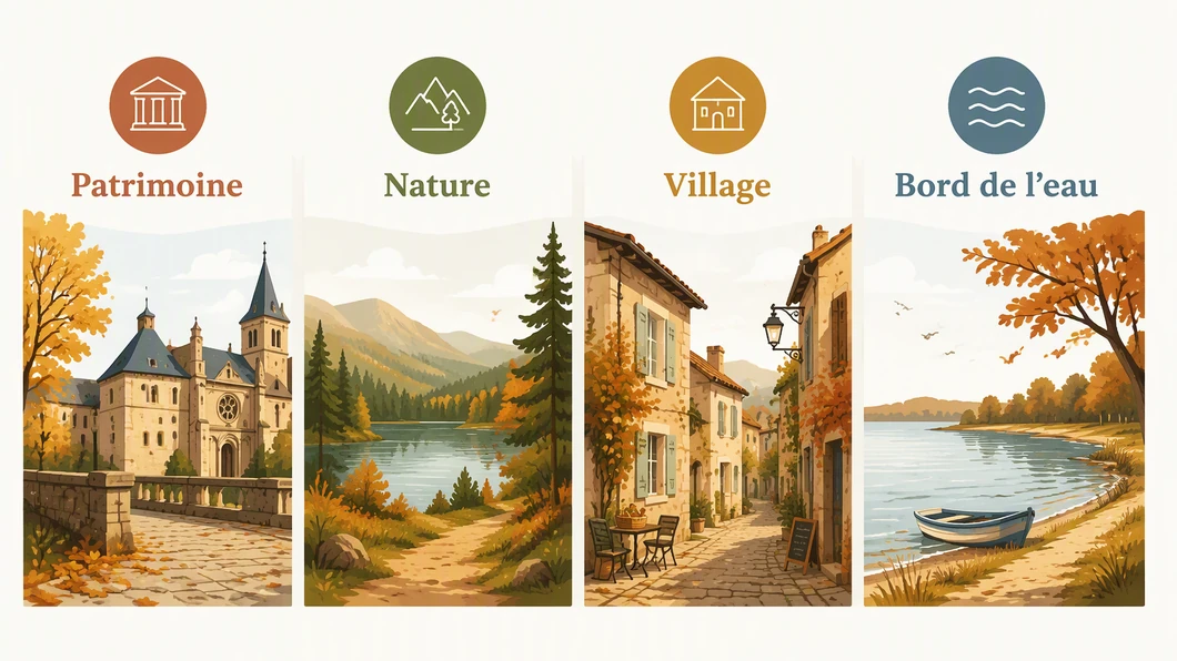 Infographie comparant quatre formats d’escapade en octobre : patrimoine, nature, village et bord de l’eau.