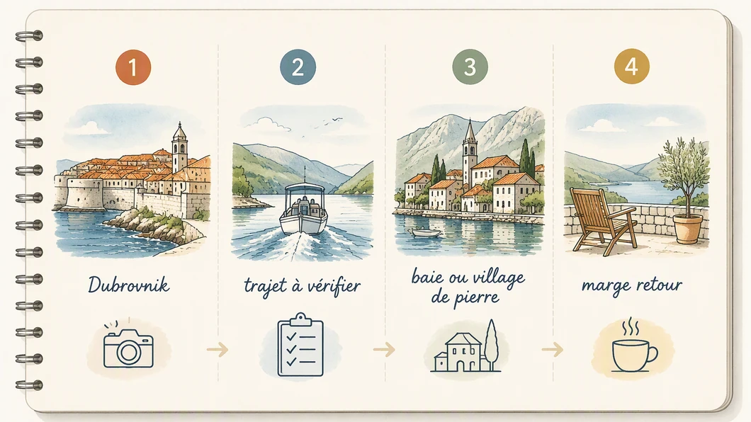 Infographie de préparation en quatre étapes entre Dubrovnik et les Bouches de Kotor, sans horaires ni distances